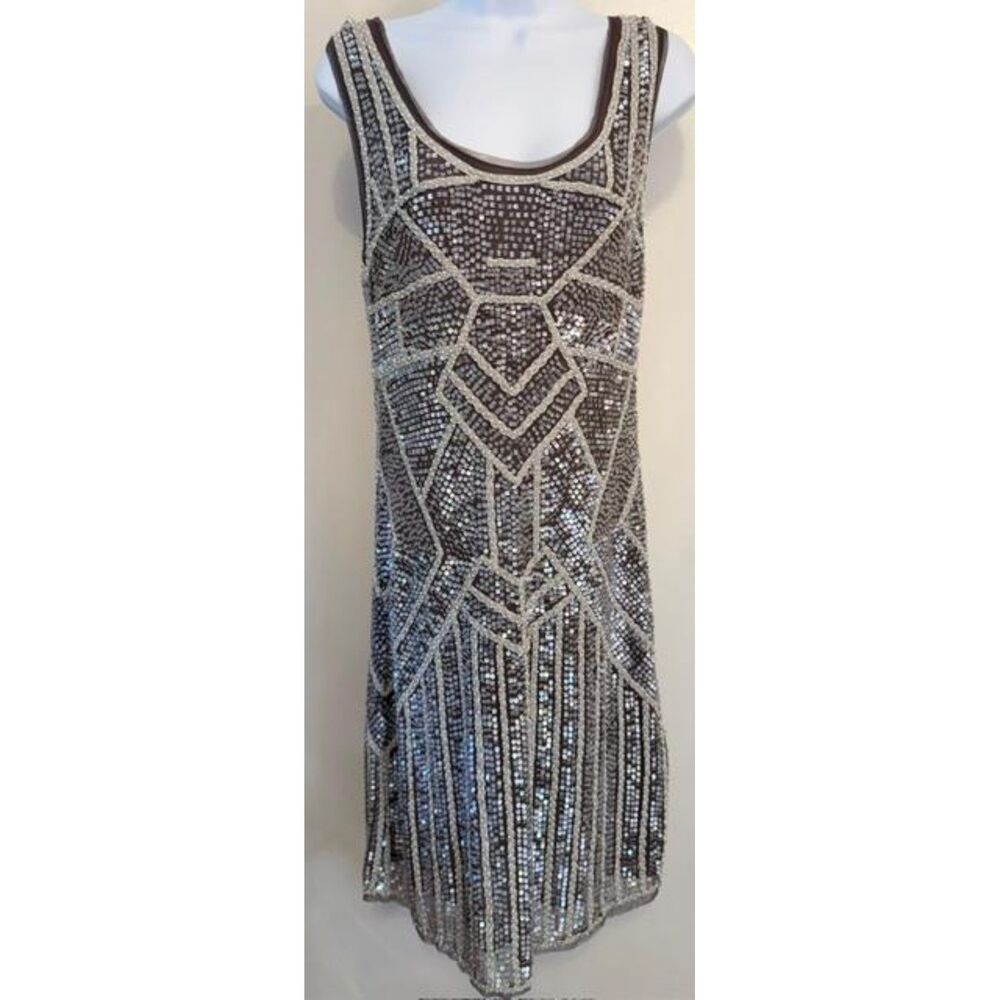 Calypso St Barth Sequin Dress S Silver Beaded Art Deco 1920s Flapper Mini Shift
